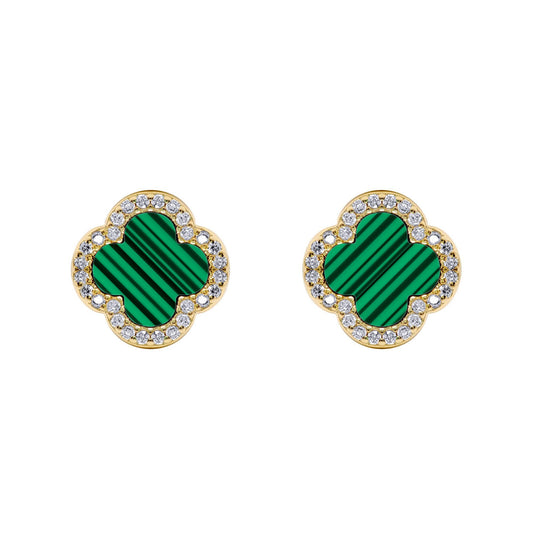 Gold-plated Silver Clover Malachite CZ Halo Lucky Charm Earrings - AES261-GP