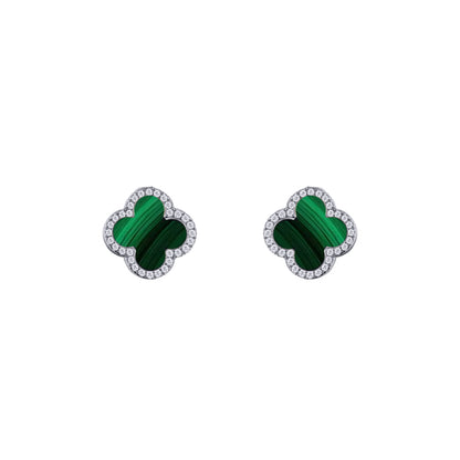 Silver Clover Malachite CZ Halo Lucky Charm Earrings - AES261