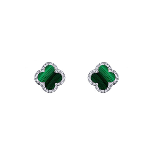 Silver Clover Malachite CZ Halo Lucky Charm Earrings - AES261