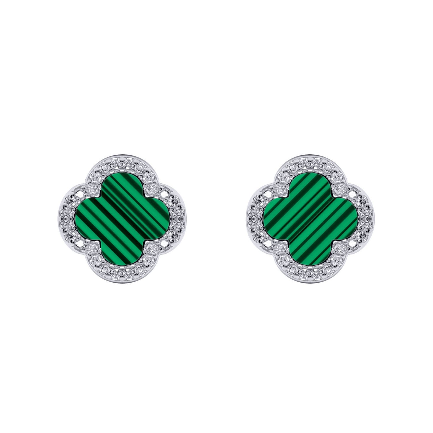 Silver Clover Malachite CZ Halo Lucky Charm Earrings - AES261