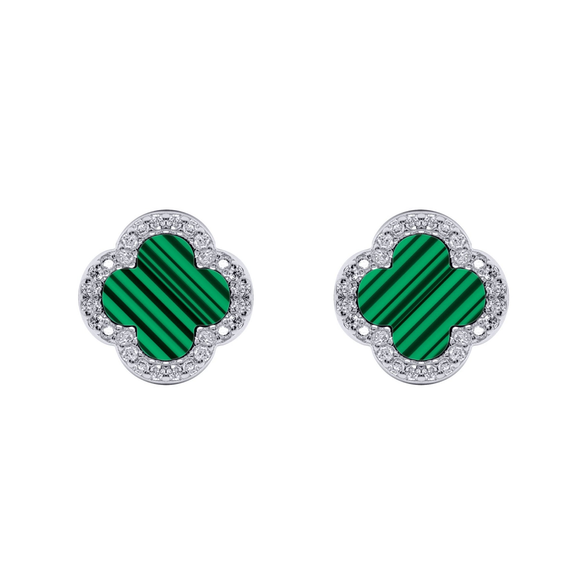 Silver Clover Malachite CZ Halo Lucky Charm Earrings - AES261