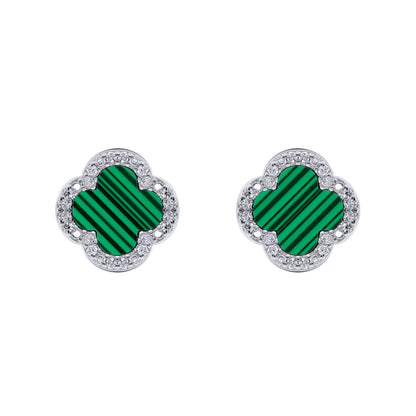 Silver Clover Malachite CZ Halo Lucky Charm Earrings - AES261