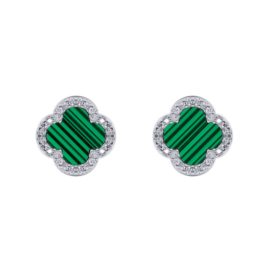Silver Clover Malachite CZ Halo Lucky Charm Earrings - AES261