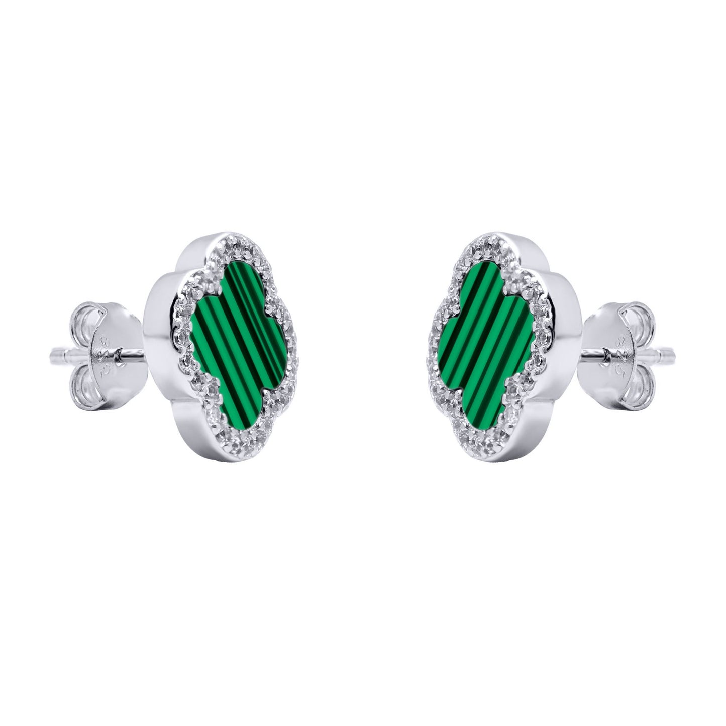 Silver Clover Malachite CZ Halo Lucky Charm Earrings - AES261