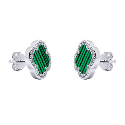Silver Clover Malachite CZ Halo Lucky Charm Earrings - AES261
