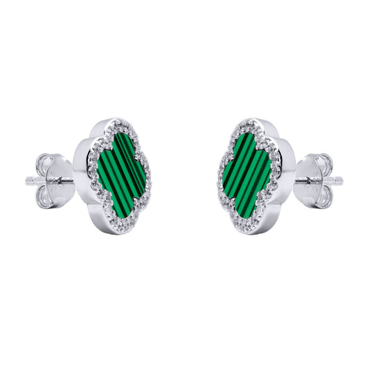 Silver Clover Malachite CZ Halo Lucky Charm Earrings - AES261