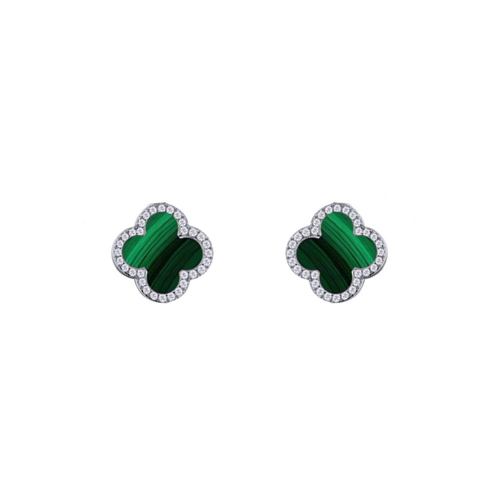 Silver Clover Malachite CZ Halo Lucky Charm Earrings - AES261