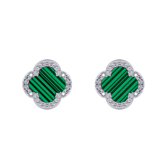 Silver Clover Malachite CZ Halo Lucky Charm Earrings - AES261