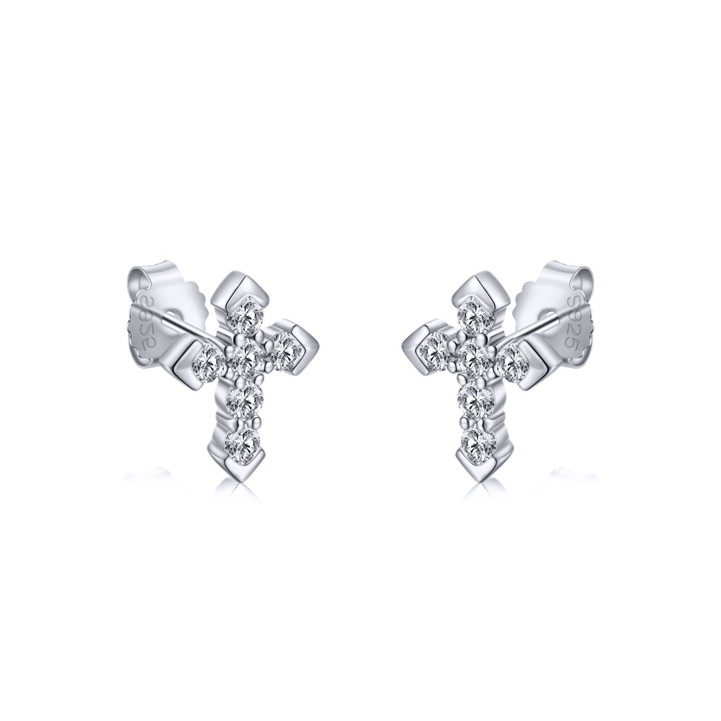 Silver  CZ Pave Arrow Tipped Cross Stud Earrings 7.7mm - AES262