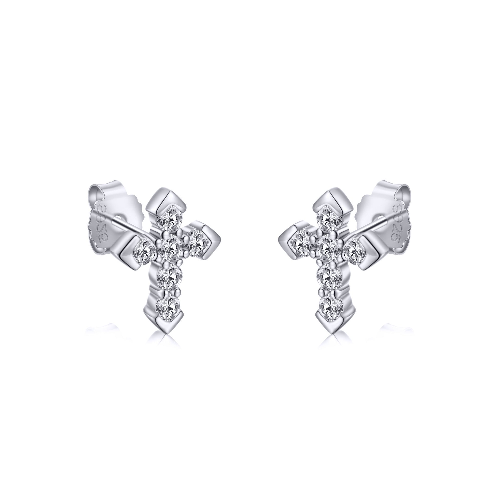 Silver  CZ Pave Arrow Tipped Cross Stud Earrings 7.7mm - AES262
