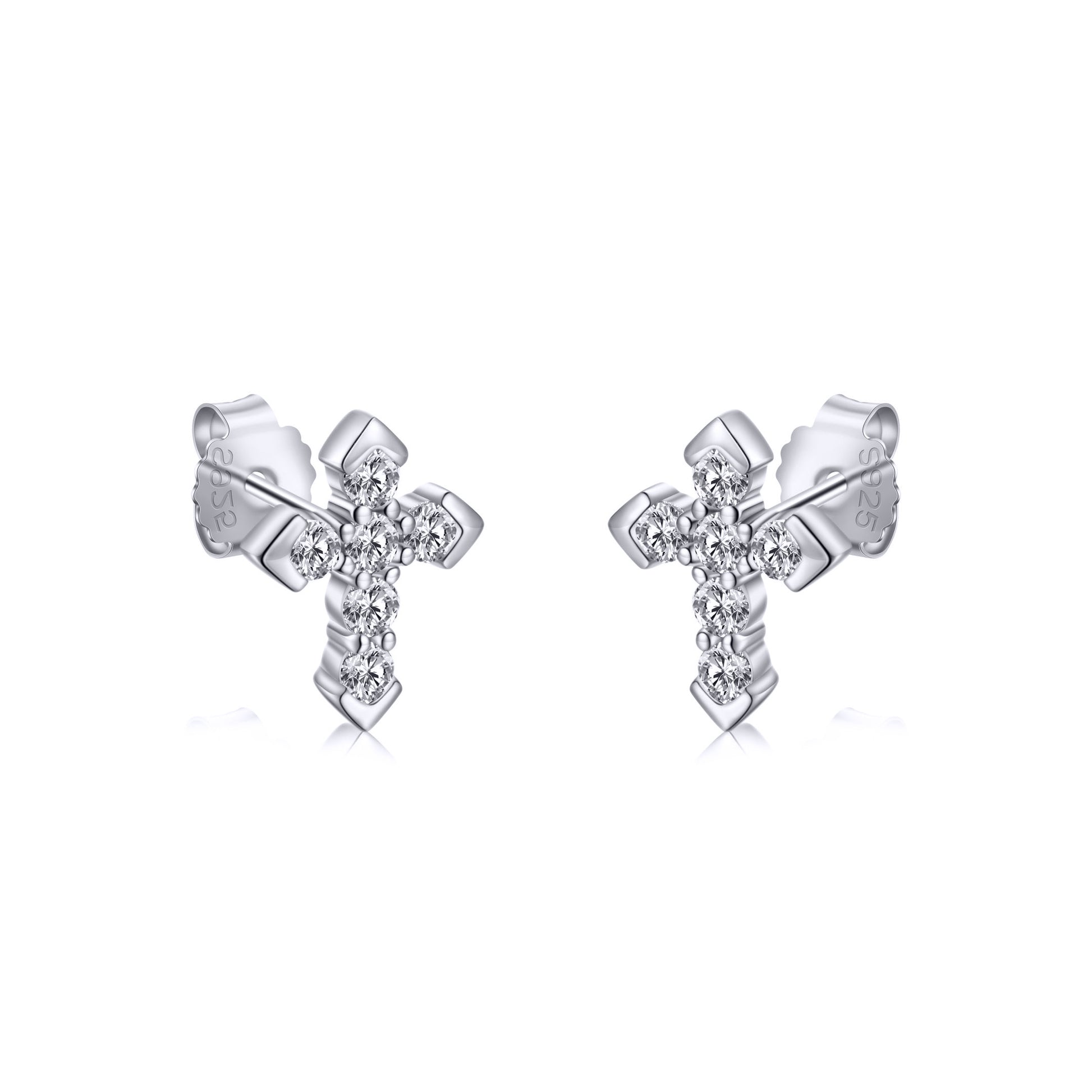 Silver  CZ Pave Arrow Tipped Cross Stud Earrings 7.7mm - AES262