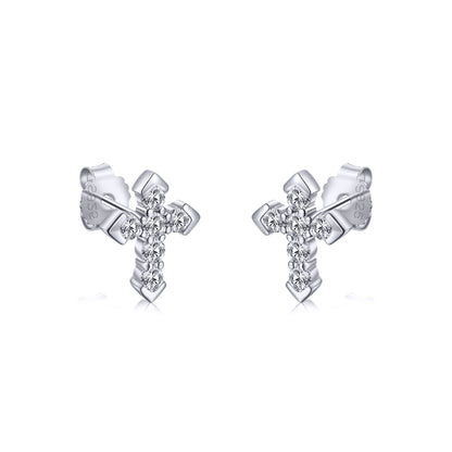 Silver  CZ Pave Arrow Tipped Cross Stud Earrings 7.7mm - AES262