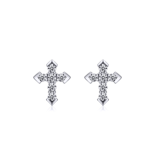 Silver  CZ Pave Arrow Tipped Cross Stud Earrings 7.7mm - AES262