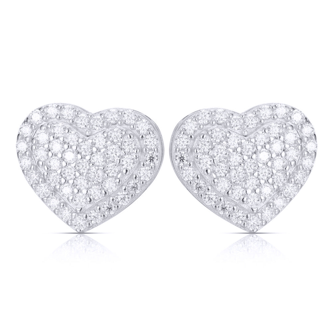 Silver  CZ Full Pave Romantic Cushion Heart Stud Earrings - AES264