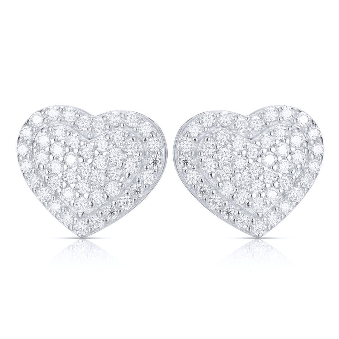 Silver  CZ Full Pave Romantic Cushion Heart Stud Earrings - AES264