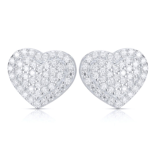Silver  CZ Full Pave Romantic Cushion Heart Stud Earrings - AES264