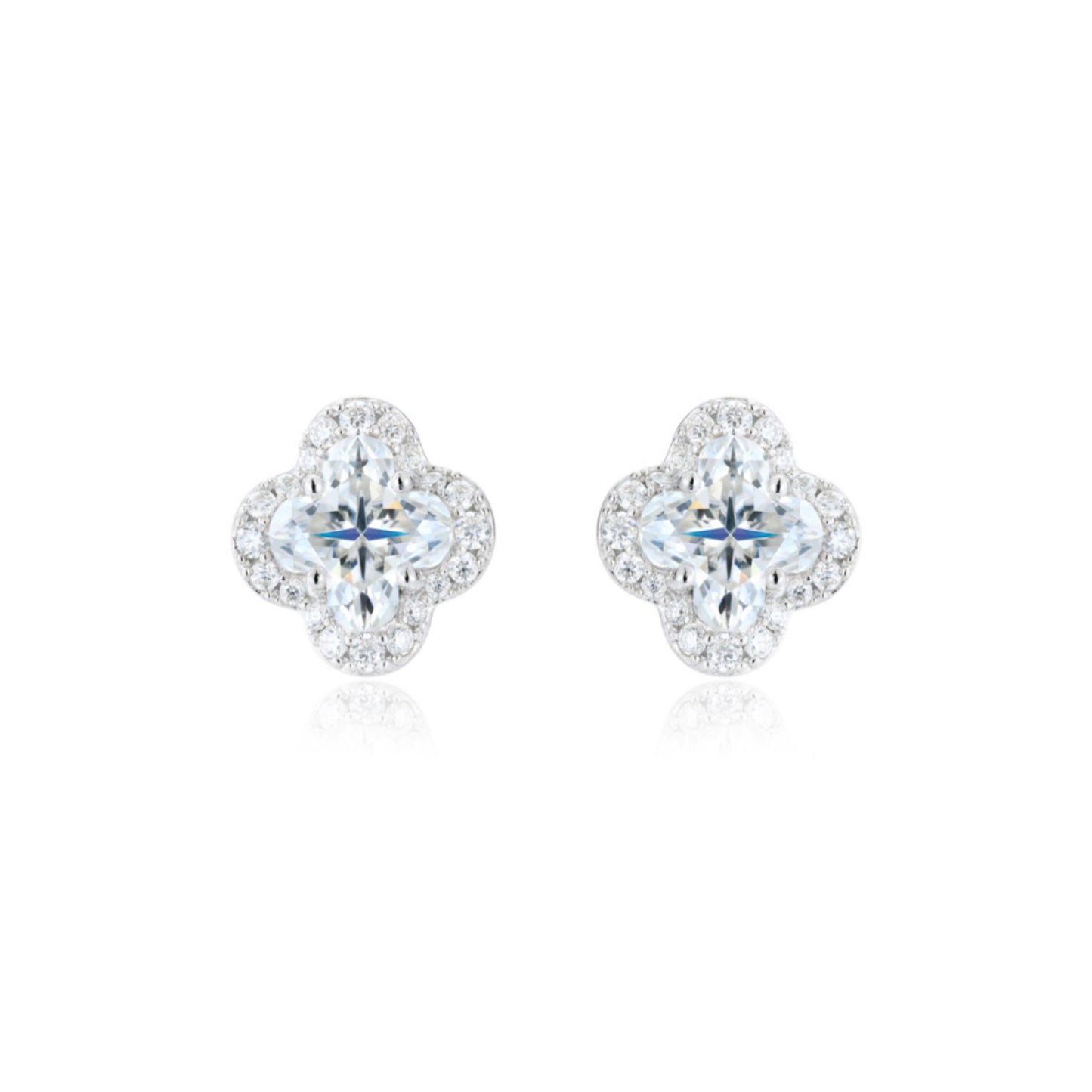 Silver  Pave CZ 6mm Clover Flower Cluster Stud Earrings 9.5mm - AES266B