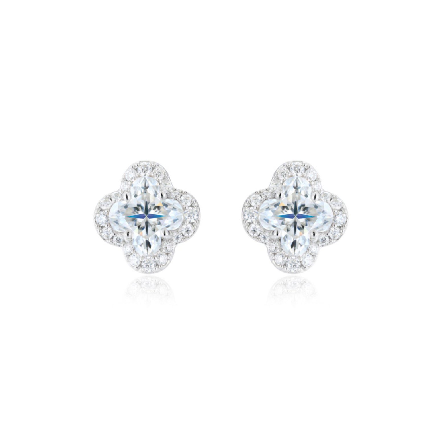 Silver  Pave CZ 6mm Clover Flower Cluster Stud Earrings 9.5mm - AES266B