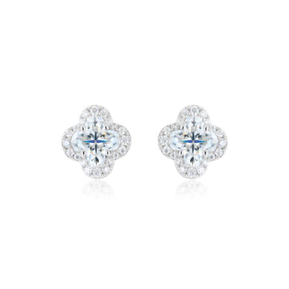 Silver  Pave CZ 6mm Clover Flower Cluster Stud Earrings 9.5mm - AES266B
