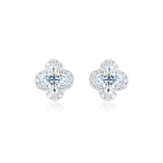 Silver  Pave CZ 6mm Clover Flower Cluster Stud Earrings 9.5mm - AES266B