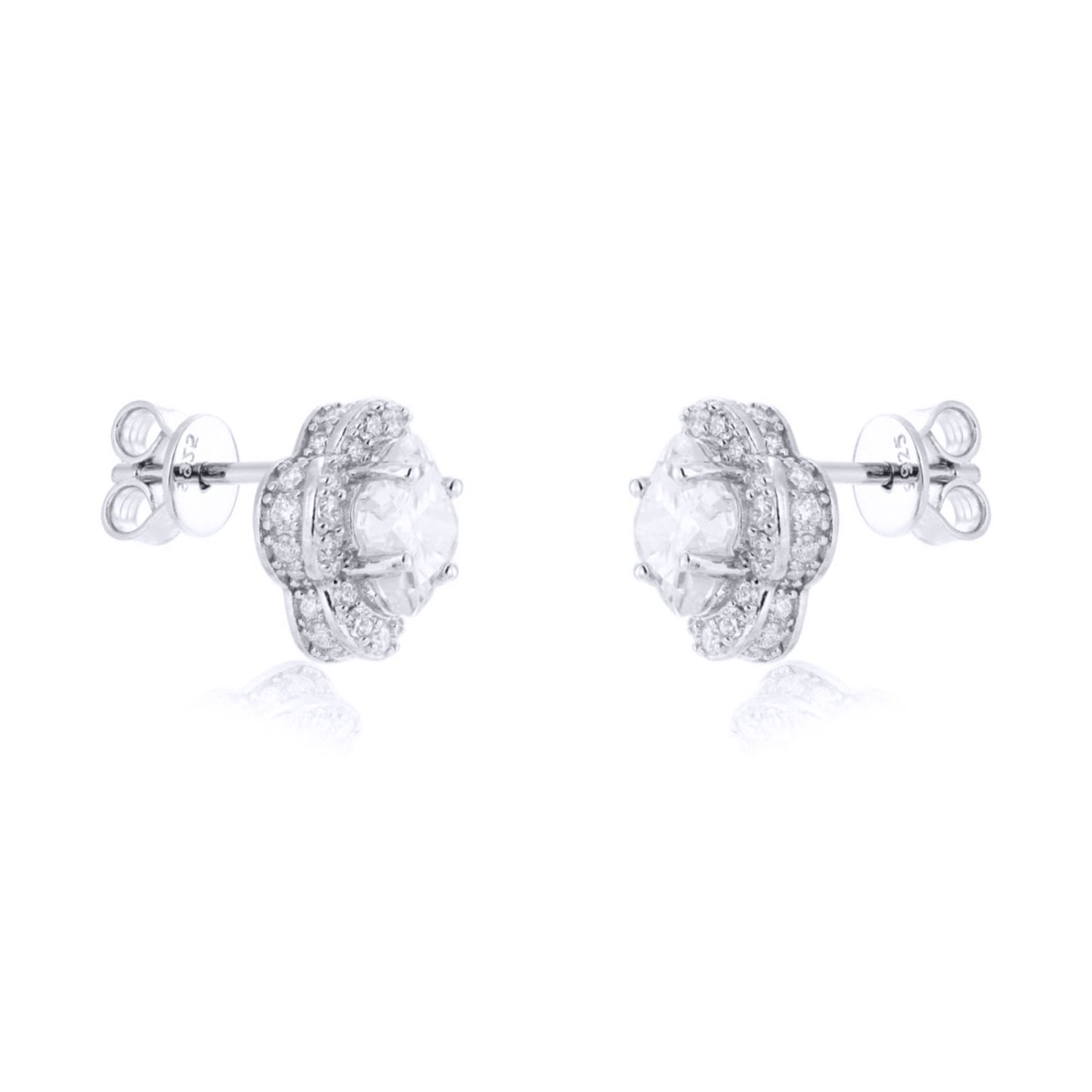 Silver  Pave CZ 6mm Clover Flower Cluster Stud Earrings 9.5mm - AES266B