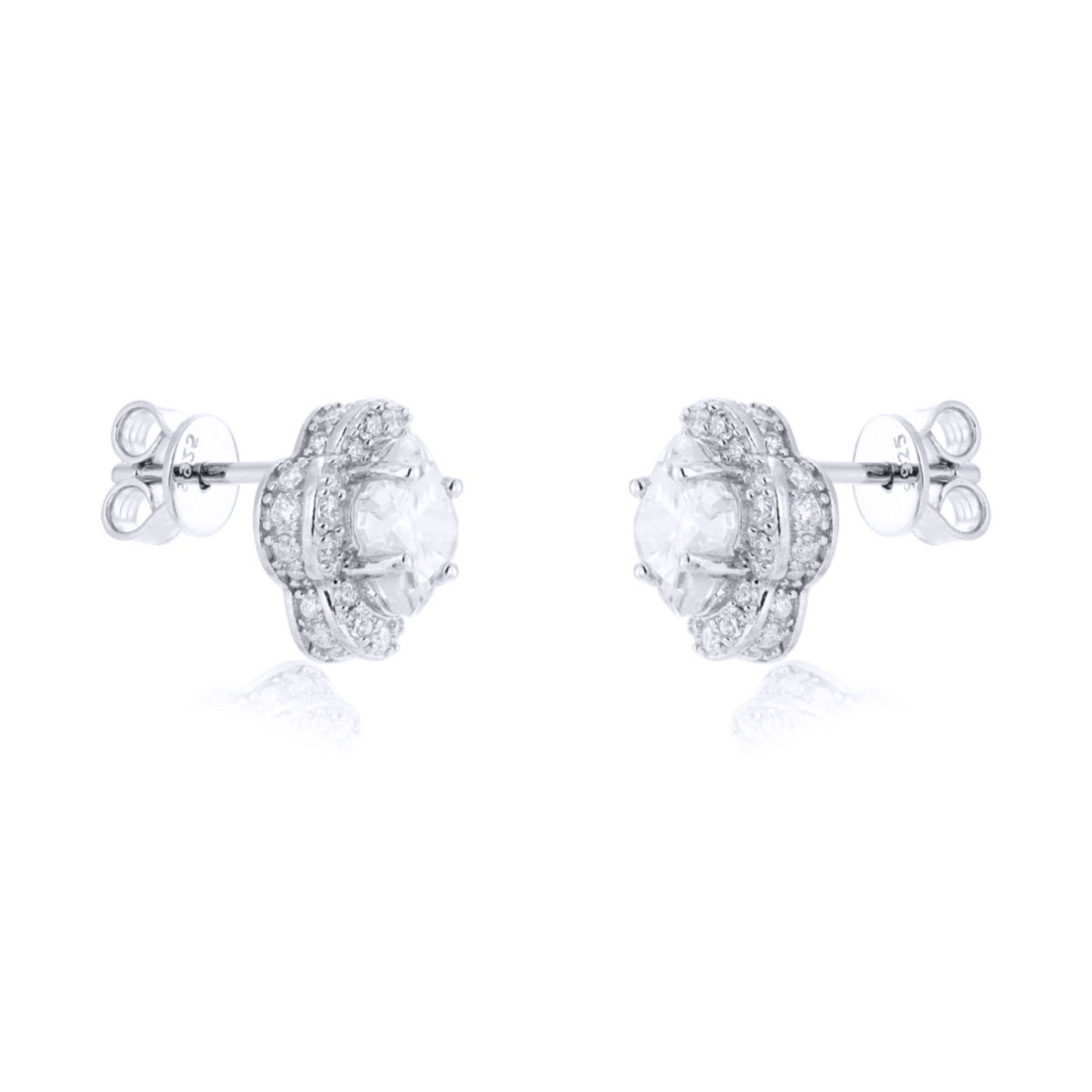 Silver  Pave CZ 6mm Clover Flower Cluster Stud Earrings 9.5mm - AES266B
