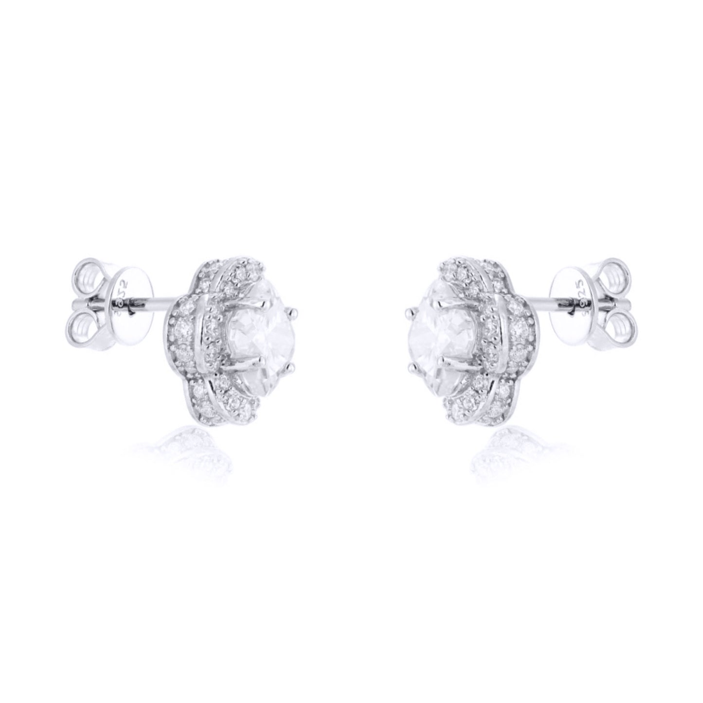 Silver  Pave CZ 6mm Clover Flower Cluster Stud Earrings 9.5mm - AES266B