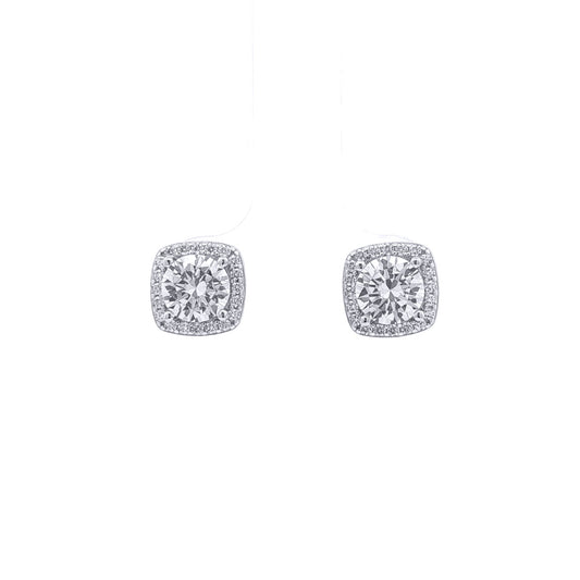 Silver Square Halo CZ 6mm Solitaire Stud Earrings 8.5mm - AES269C