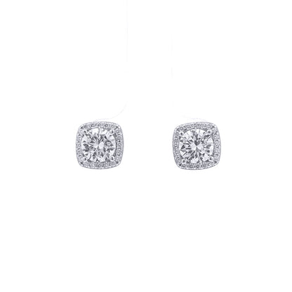 Silver  Square Halo CZ 6mm Solitaire Stud Earrings 8.5mm - AES269C