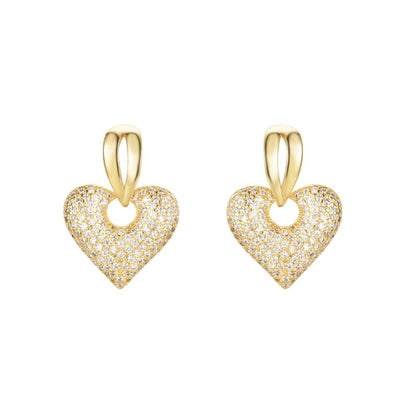 Gold-plated Silver  CZ Puffed Love Heart Split Drop Earrings - AES277-GP