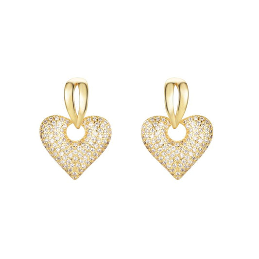 Gold-plated Silver  CZ Puffed Love Heart Split Drop Earrings - AES277-GP