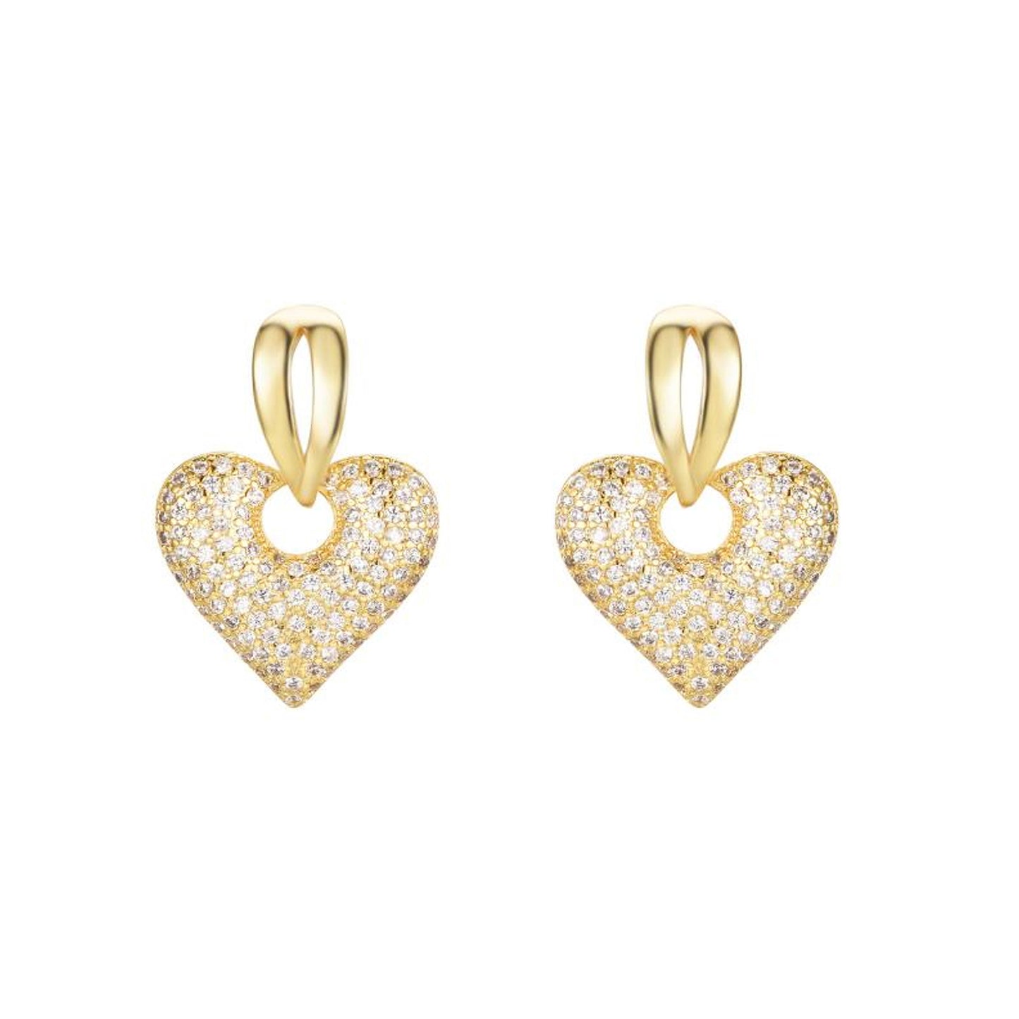 Gold-plated Silver  CZ Puffed Love Heart Split Drop Earrings - AES277-GP