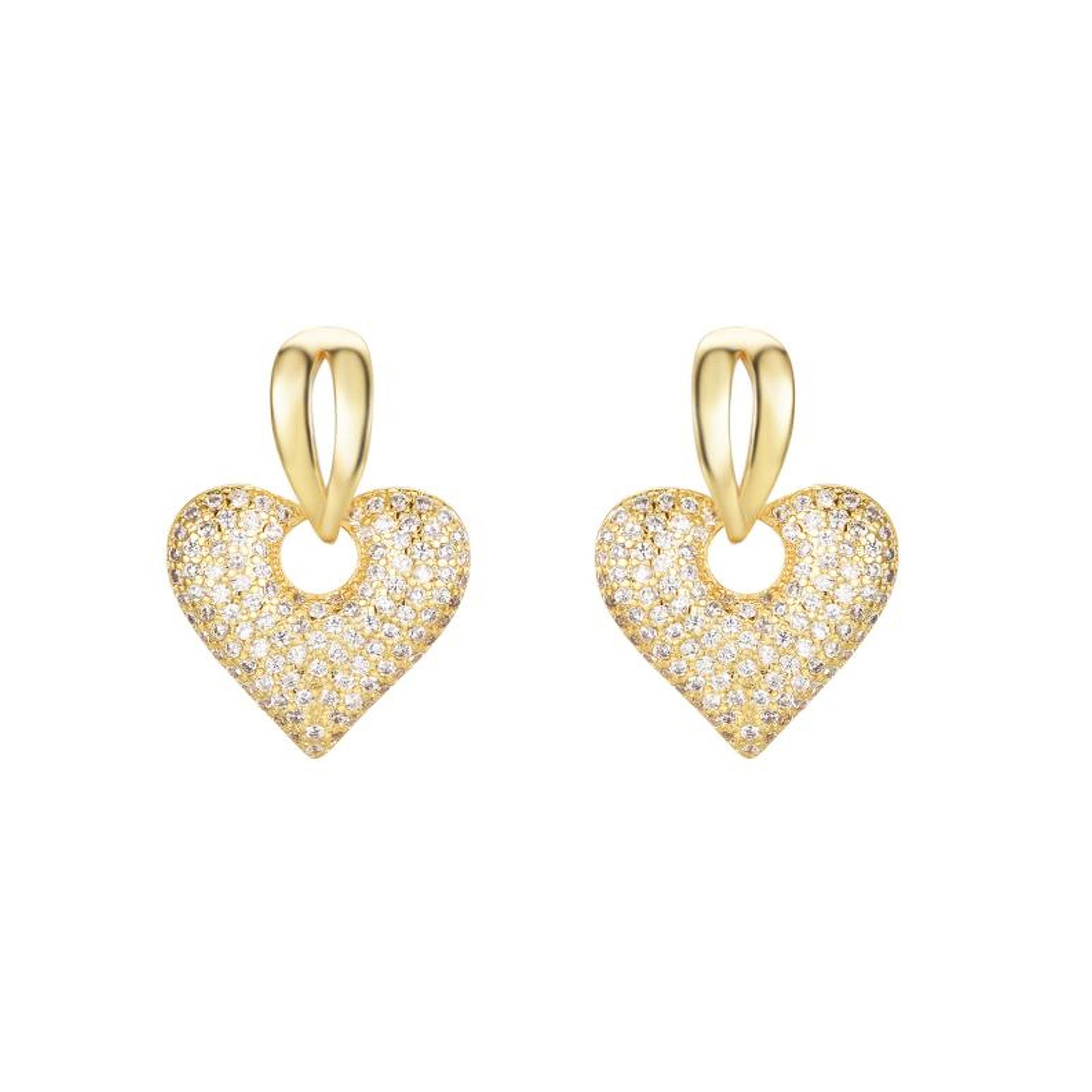 Gold-plated Silver  CZ Puffed Love Heart Split Drop Earrings - AES277-GP