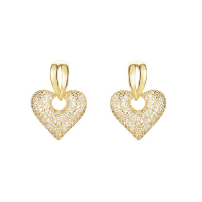 Gold-plated Silver  CZ Puffed Love Heart Split Drop Earrings - AES277-GP