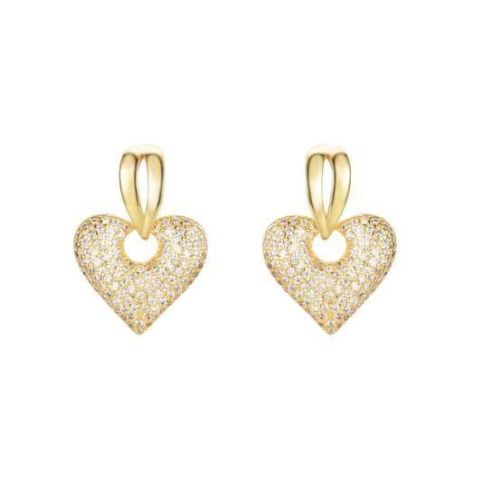 Gold-plated Silver  CZ Puffed Love Heart Split Drop Earrings - AES277-GP