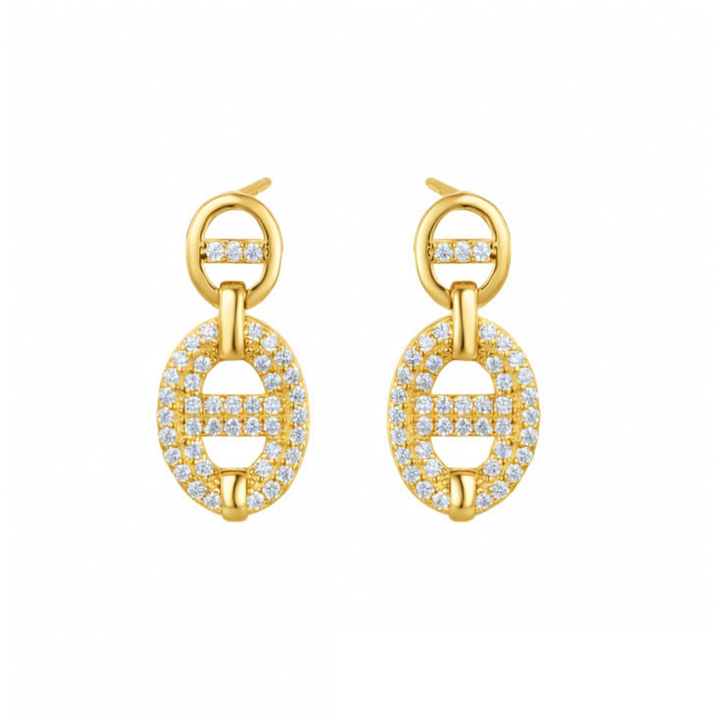 Gold-plated Silver  CZ Puffed Double Mariner Link Drop Earrings - AES278-GP