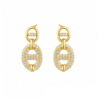 Gold-plated Silver  CZ Puffed Double Mariner Link Drop Earrings - AES278-GP