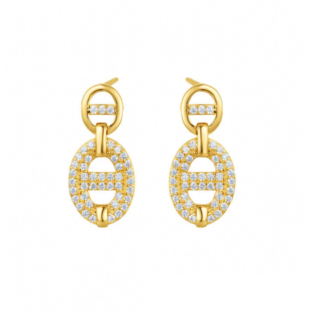 Gold-plated Silver  CZ Puffed Double Mariner Link Drop Earrings - AES278-GP