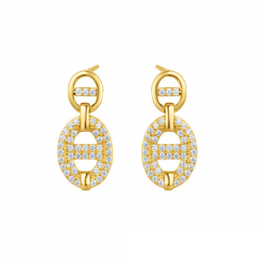 Gold-plated Silver  CZ Puffed Double Mariner Link Drop Earrings - AES278-GP