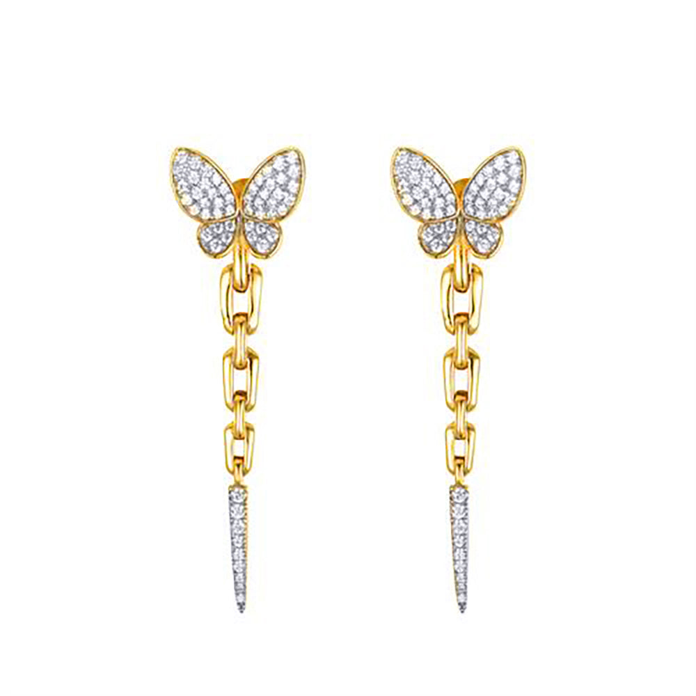 Gold-plated Silver  CZ Butterfly Shoulder Duster Drop Earrings - AES280-GP
