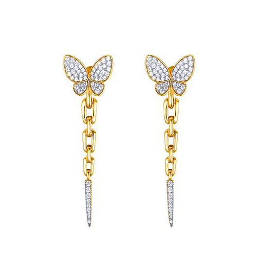 Gold-plated Silver  CZ Butterfly Shoulder Duster Drop Earrings - AES280-GP