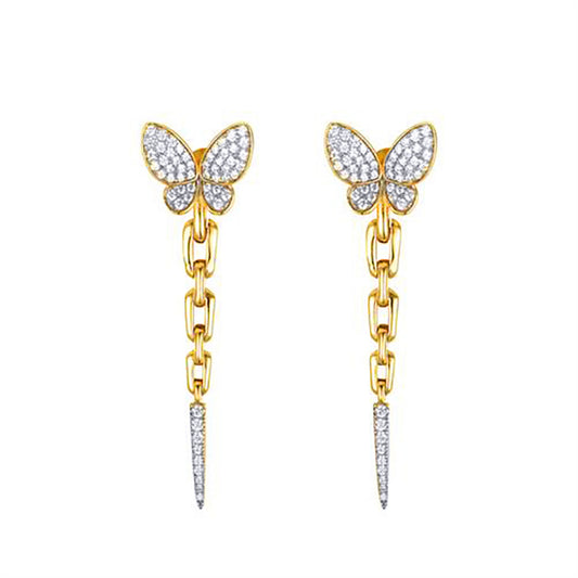 Gold-plated Silver  CZ Butterfly Shoulder Duster Drop Earrings - AES280-GP