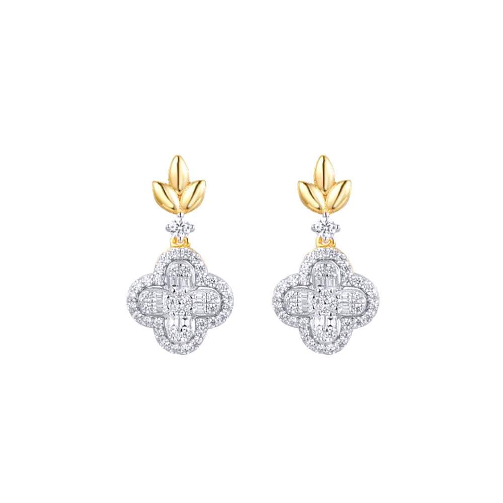 Gold-plated Silver  CZ Clover Charm Fleur De Lis Drop Earrings - AES281-GP