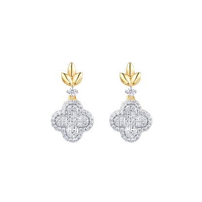 Gold-plated Silver  CZ Clover Charm Fleur De Lis Drop Earrings - AES281-GP