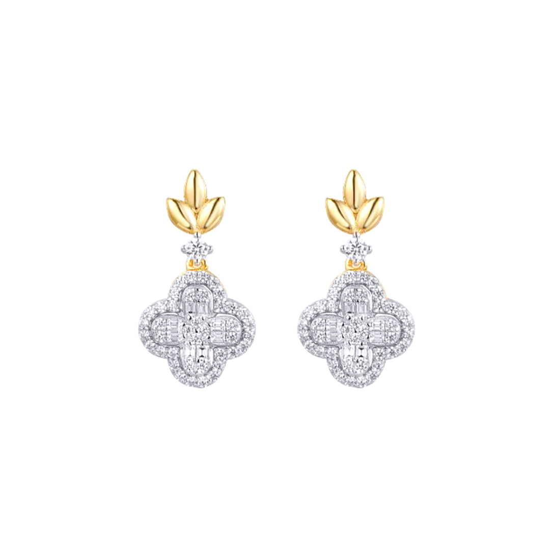 Gold-plated Silver  CZ Clover Charm Fleur De Lis Drop Earrings - AES281-GP