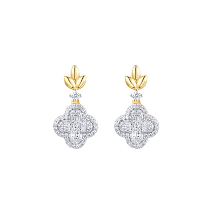 Gold-plated Silver  CZ Clover Charm Fleur De Lis Drop Earrings - AES281-GP