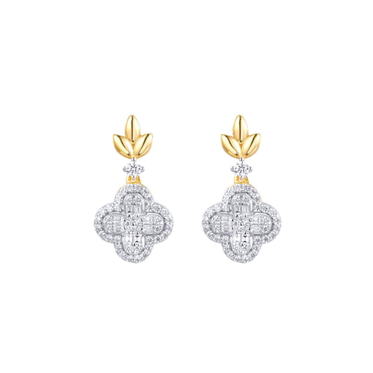 Gold-plated Silver  CZ Clover Charm Fleur De Lis Drop Earrings - AES281-GP