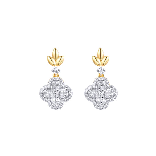 Gold-plated Silver  CZ Clover Charm Fleur De Lis Drop Earrings - AES281-GP