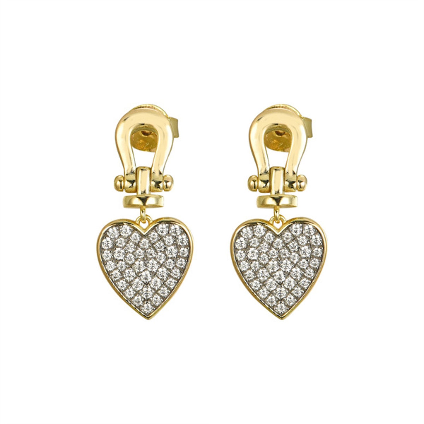 Gold-plated Silver  CZ Horseshoe Love Heart Drop Earrings - AES282-GP