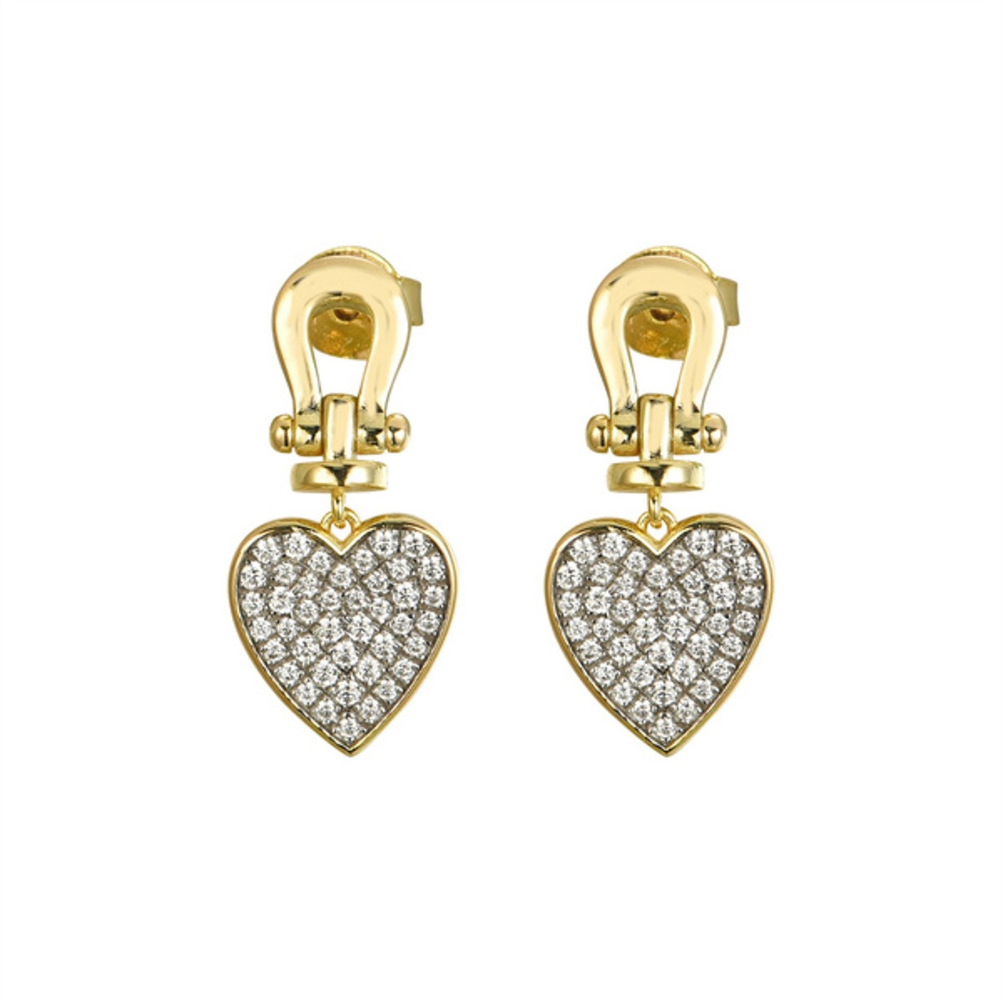 Gold-plated Silver  CZ Horseshoe Love Heart Drop Earrings - AES282-GP